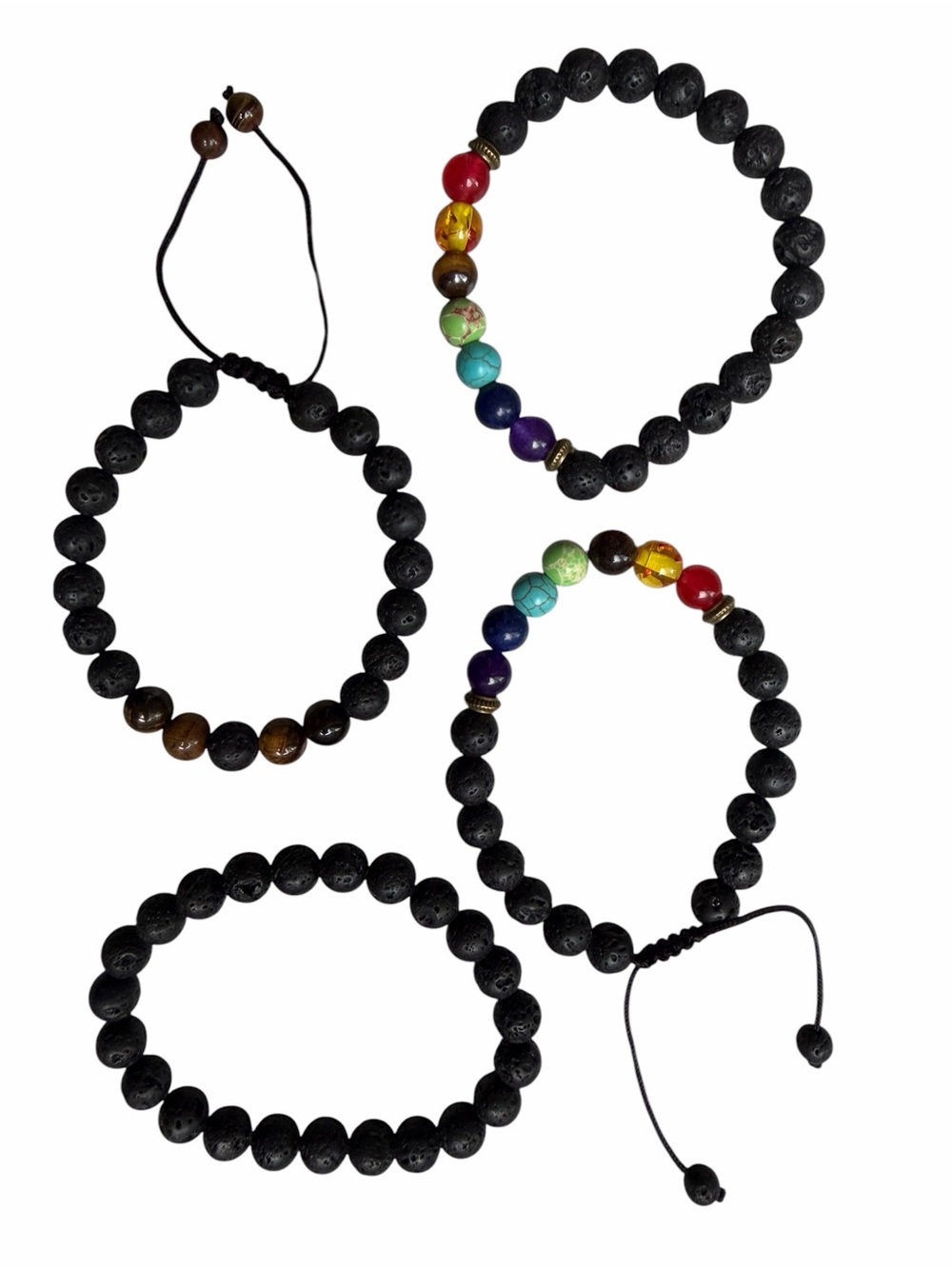 Chakra Bead Bracelet Set of 4 with Multicolor Accent Beads Stretchy Black